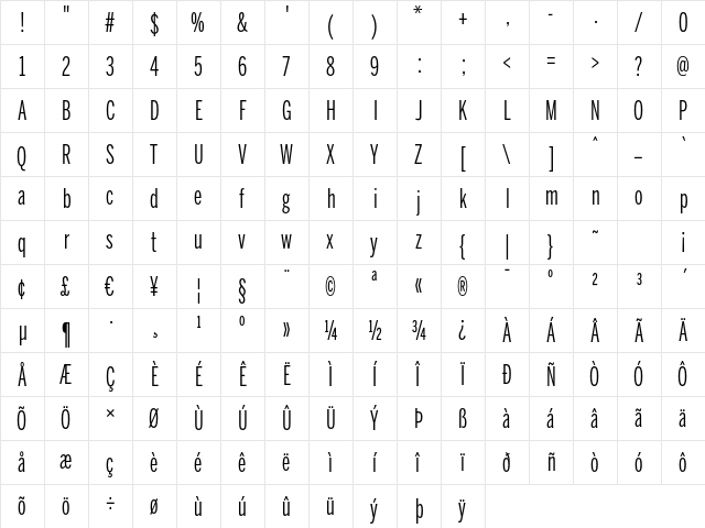 BentonSans ExtraComp Book Regular  glyph index