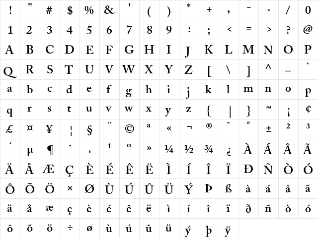 Adobe Caslon Semibold  glyph index