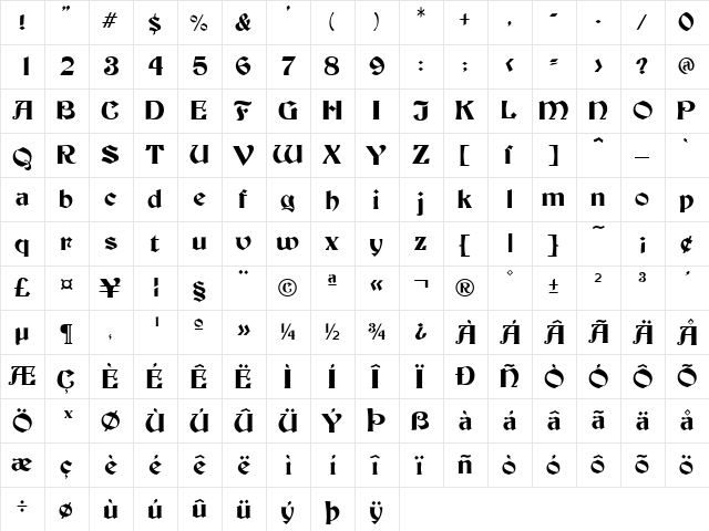 Becker Regular  glyph index