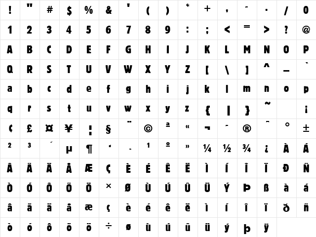 BlockCondensed Regular  glyph index