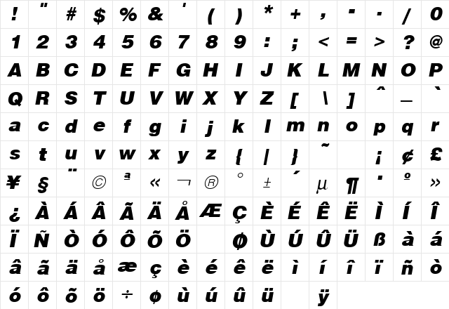 Hallmarke Black Italic  glyph index