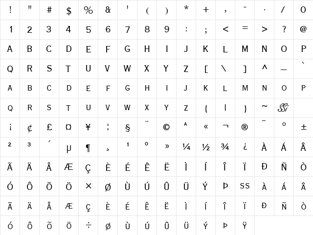 Copperplate Extra Condensed SSi Extra Condensed  glyph index