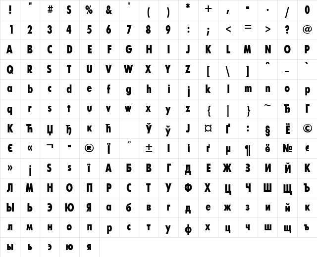 FuturisXCondCTT Regular  glyph index