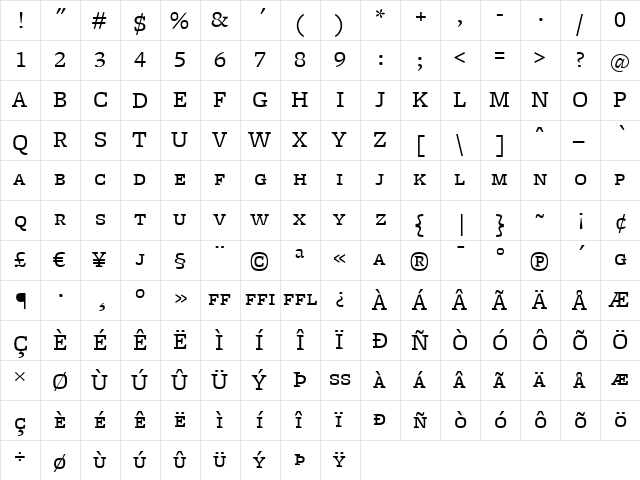 FreightMicro BookSC  glyph index
