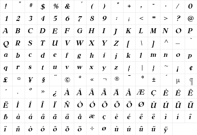 BelliniMediumItalic Regular  glyph index