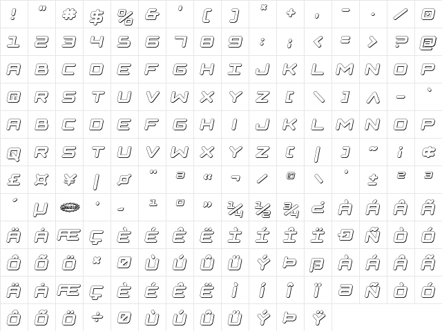 NGC 292 3D Semi-Italic Regular  glyph index