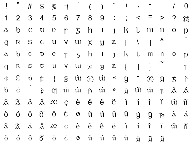 Tuamach Regular  glyph index