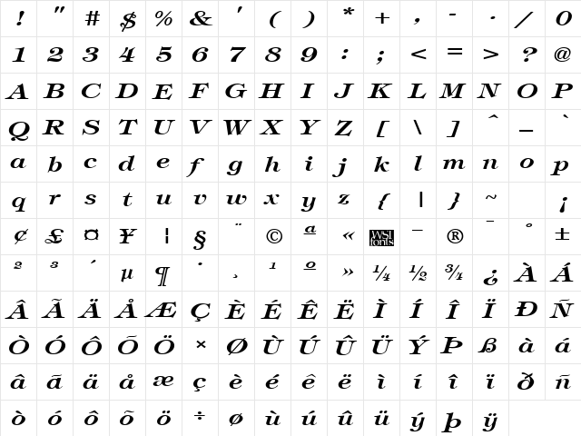 TimbrelBroad Bold Italic  glyph index