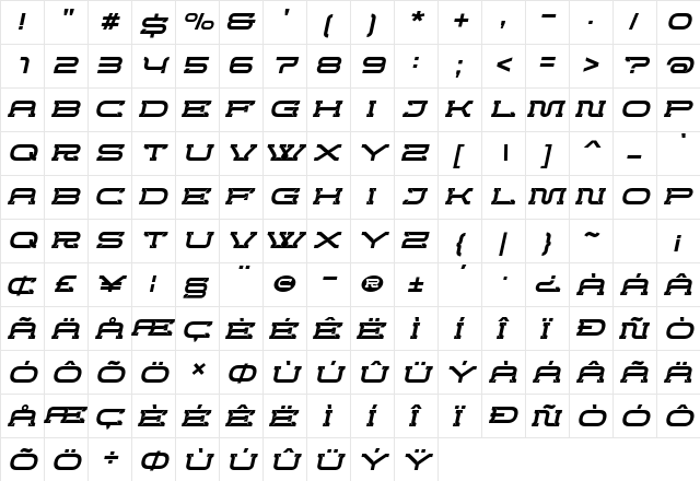 Creword Italic  glyph index