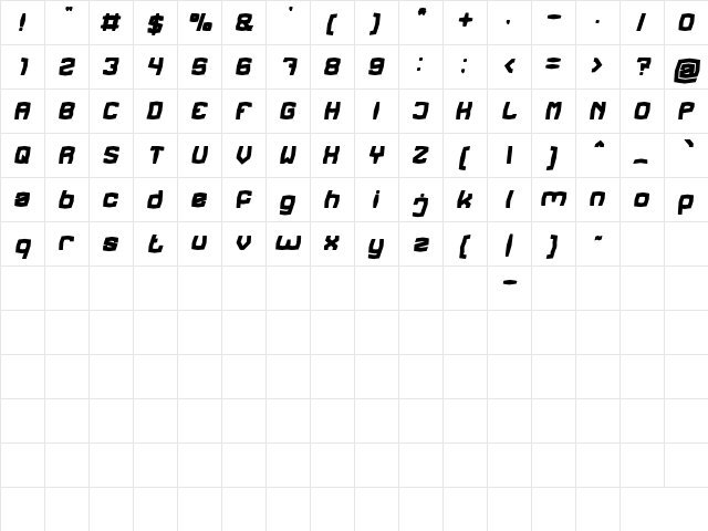 REGGAE BASS Bold Italic  glyph index