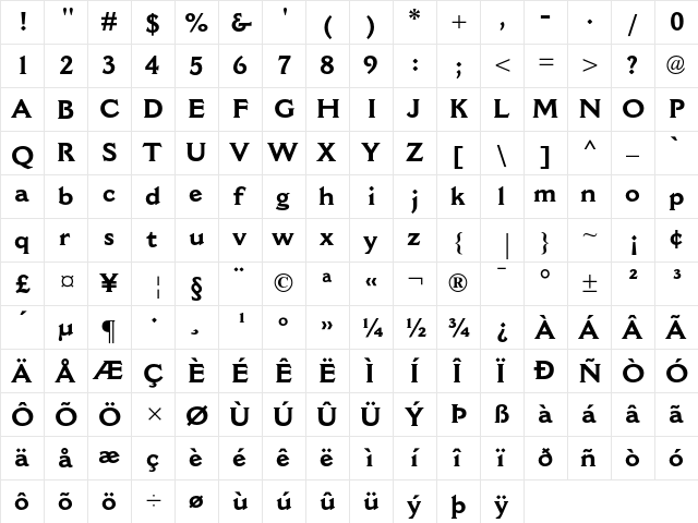 Cantoria MT Bold  glyph index