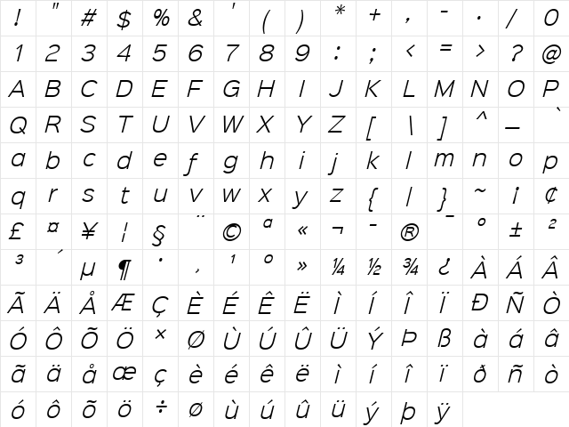 Sinkin Sans 300 Light Italic 300 Light Italic  glyph index