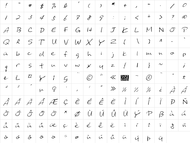 BinghamsHand Italic  glyph index