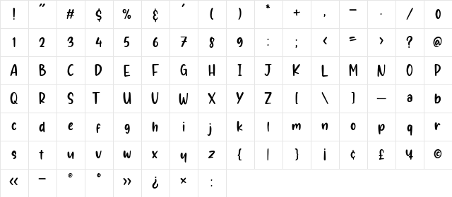 sunglory Regular  glyph index