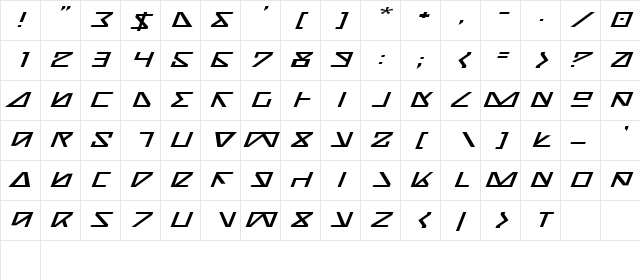 Nick Turbo Expanded Italic Expanded Italic  glyph index