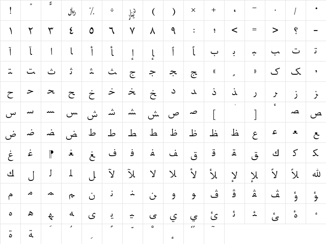 Arabic Web Regular  glyph index