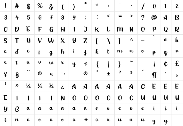 Babang Regular  glyph index