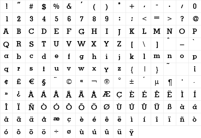 Mesa Bold  glyph index