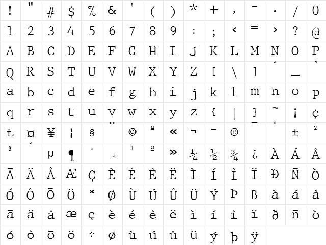 JMH Typewriter Thin  glyph index