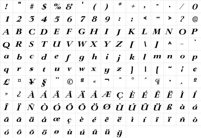 Ilingwood Bold  glyph index