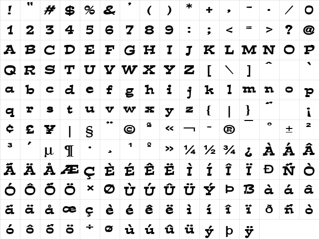 Cartoonist 2 Wide Bold  glyph index