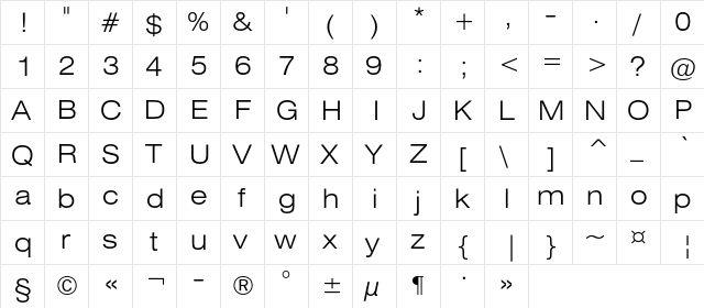 HeliosExtLight Regular  glyph index
