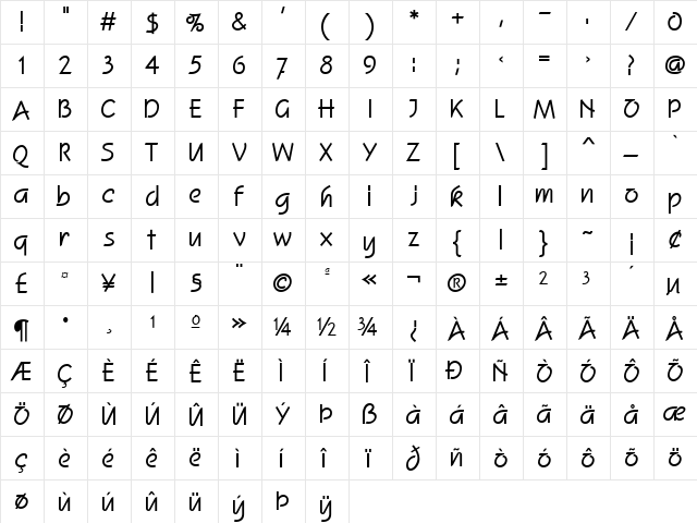 Squire Bold  glyph index