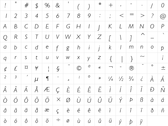 Humanst521 Lt BT Light Italic  glyph index