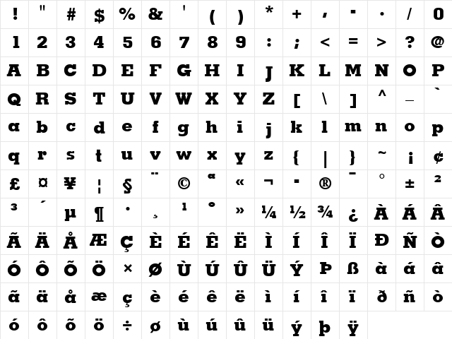 Memphis LT ExtraBold Regular  glyph index
