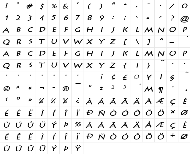 Liste-Extended Bold Italic  glyph index