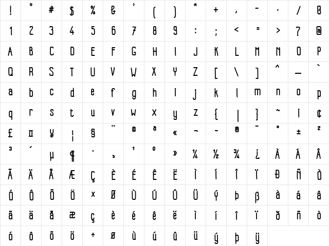 Impreciso free Regular  glyph index