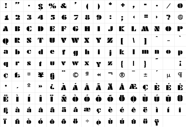 DekoBlackExtended-Serial Regular  glyph index