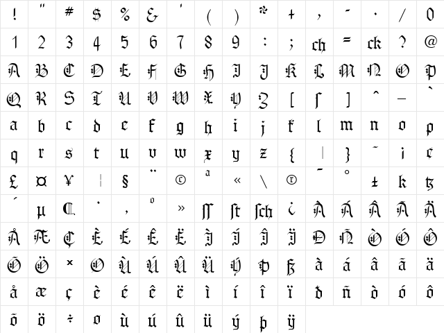 Gothenburg Fraktur Regular  glyph index