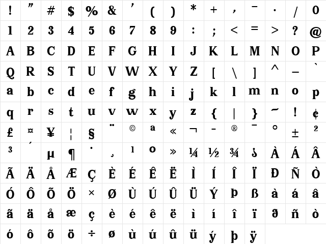 Serif Memorial Bold  glyph index