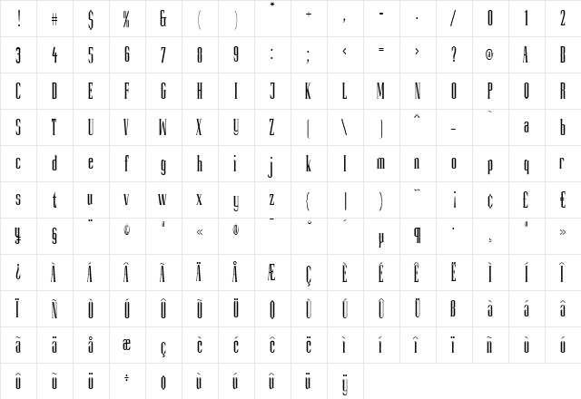 Slim Kim Plain Regular  glyph index