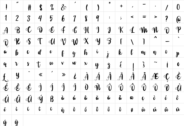 Sarllina Regular  glyph index