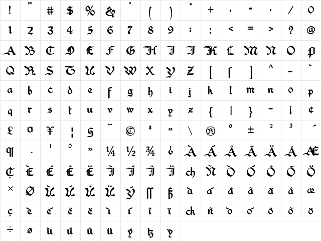 Washington Text Regular  glyph index