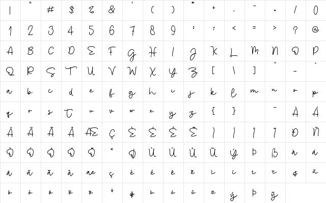 Angel Cry Regular  glyph index