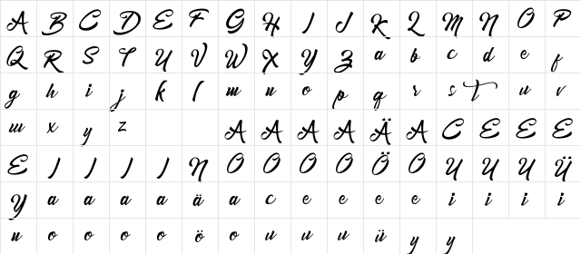 Mondena Demo Regular  glyph index