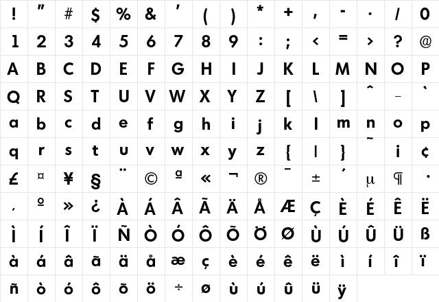 Montreal-DemiBold Regular  glyph index