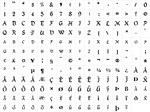 Olden Regular  glyph index