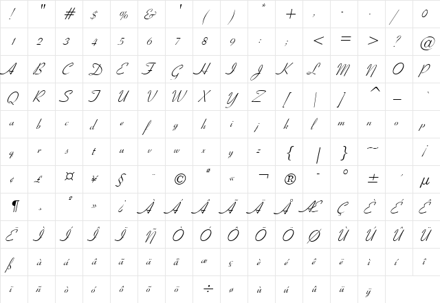 Bow Italic  glyph index
