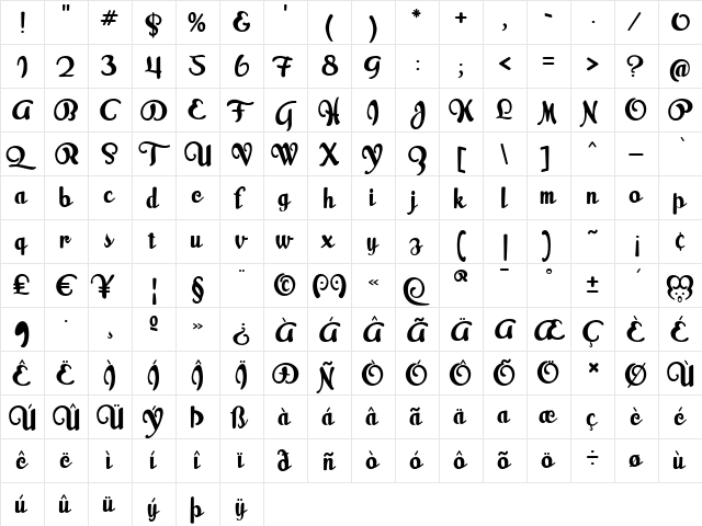 Milk Script Regular  glyph index