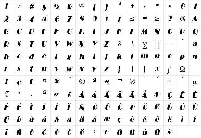 BroadwayCondensed Italic  glyph index