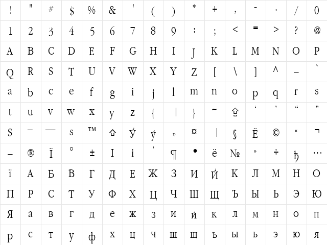 Classic Russian Plain  glyph index