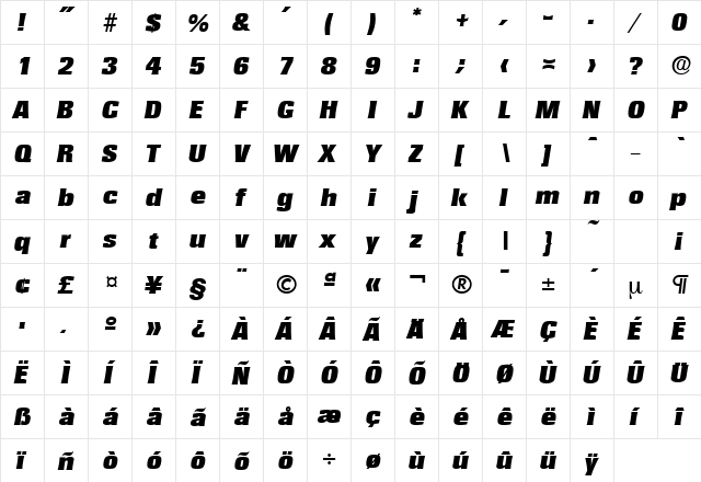 Rochester-Serial-Black RegularItalic  glyph index