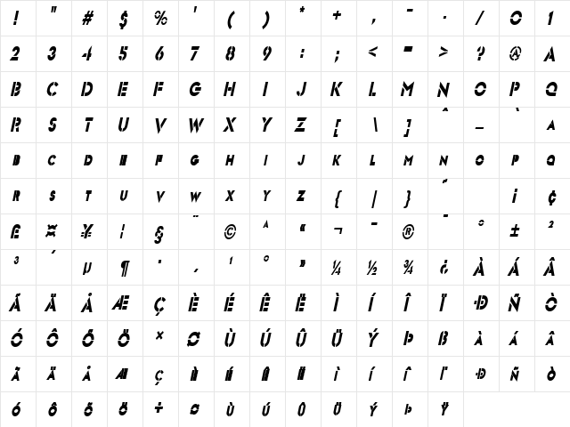 Templett Condensed BoldItalic  glyph index