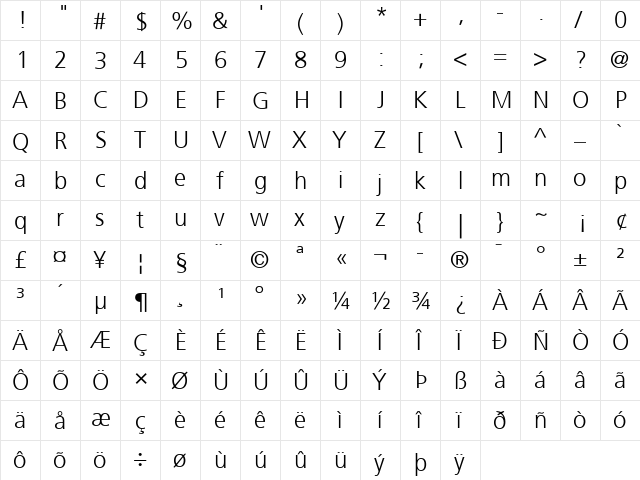 Frutiger 45 Light Regular  glyph index