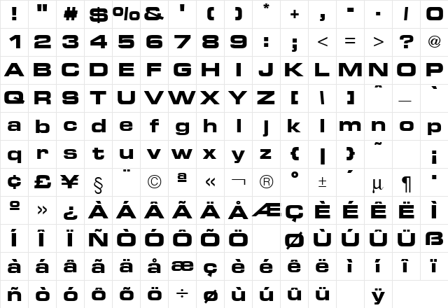 Euro Technic Extended Bold  glyph index