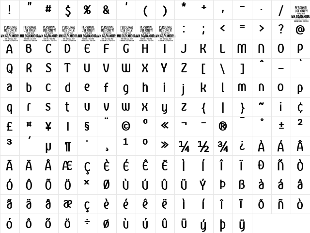 Kandira PERSONAL Bold  glyph index